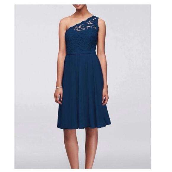 David's Bridal Blue Evening Gown Short Cocktail Dress One Shoulder Size 10 - Picture 1 of 15